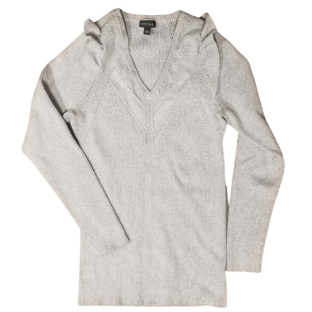 Torrid plus-size grey V-neck ribbed sweater with shoulder ruffles